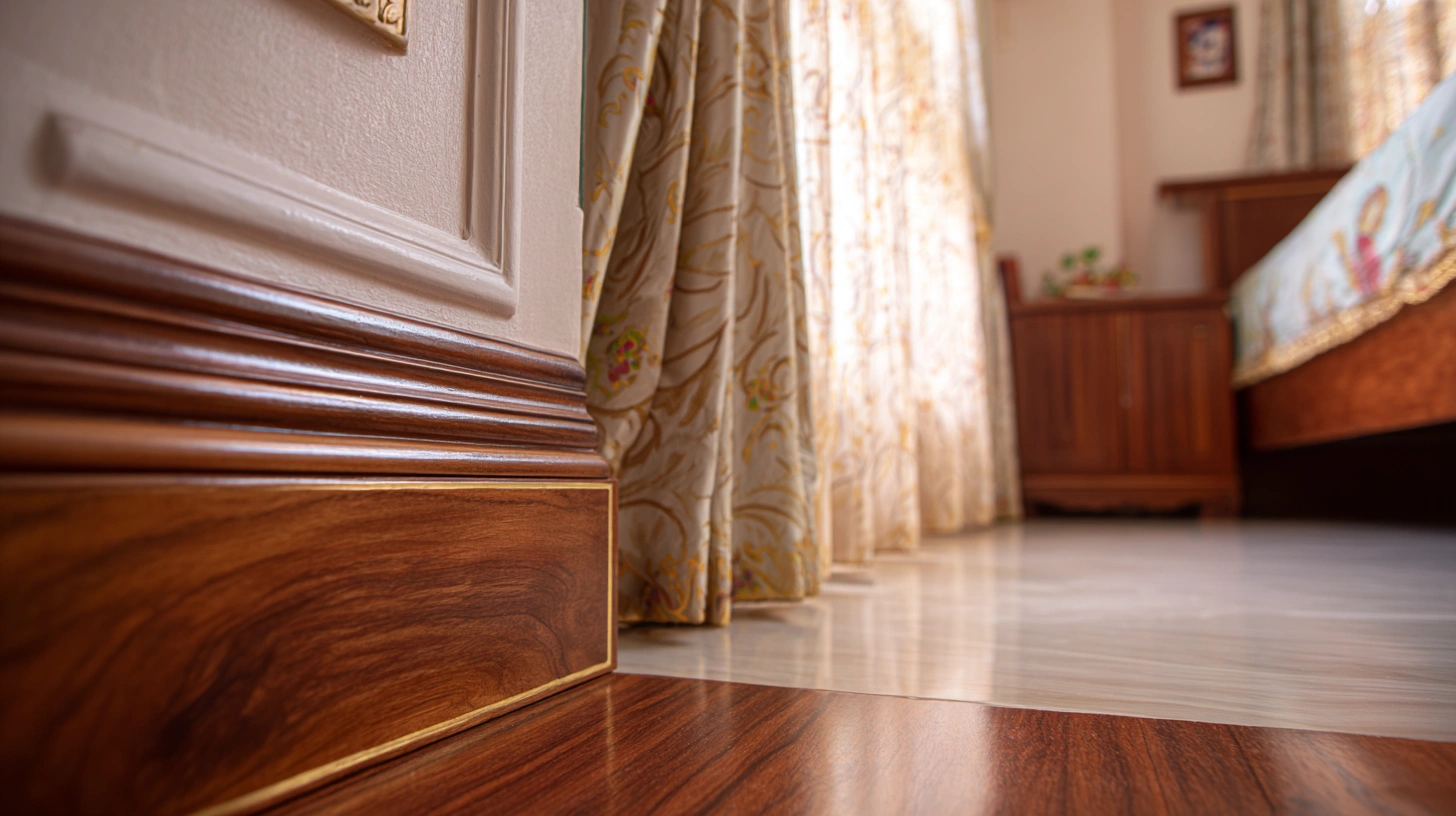 Polished dark wood baseboard covers floor edge