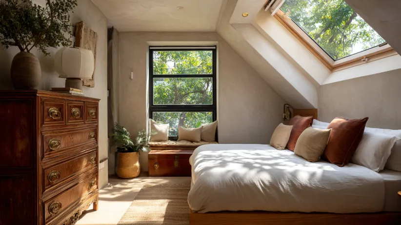 Slanted skylight window in a neutral bedroom overlooking green trees above a white bed.
