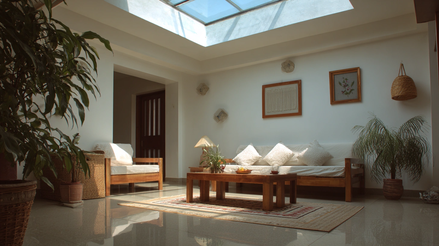 Large square ceiling skylight illuminating a modern living room