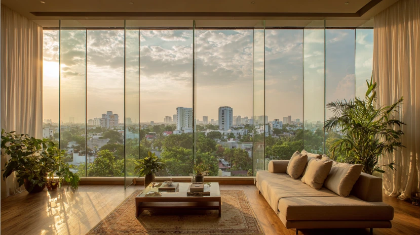 skyline panorama glass wall design for living room with city views