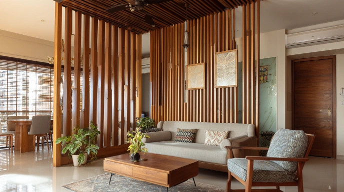 Vertical plywood slat partition with shadow gaps