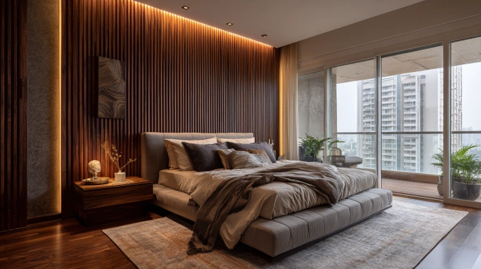 Walnut slatted wood headboard wall