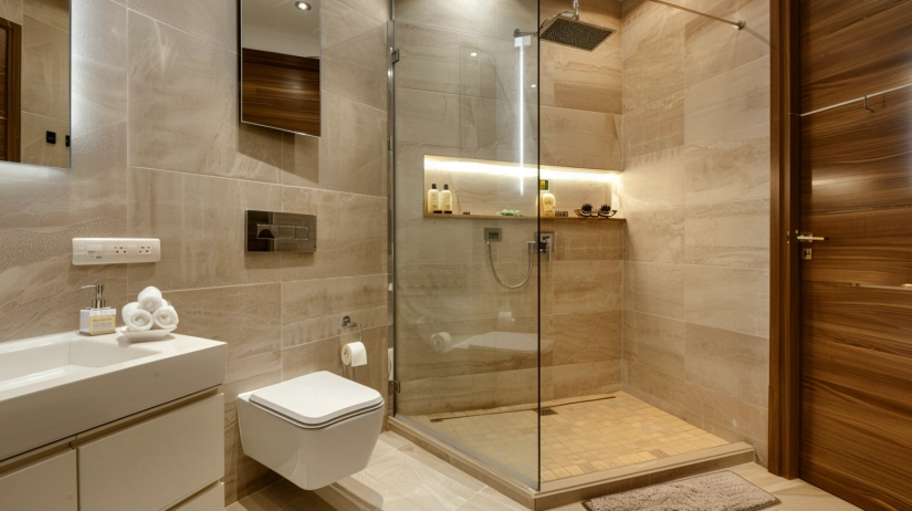 Sleek, compact small bathroom design with glass shower
