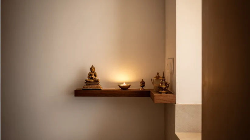 sleek minimalist pooja room design with floating shelf for modern interiors