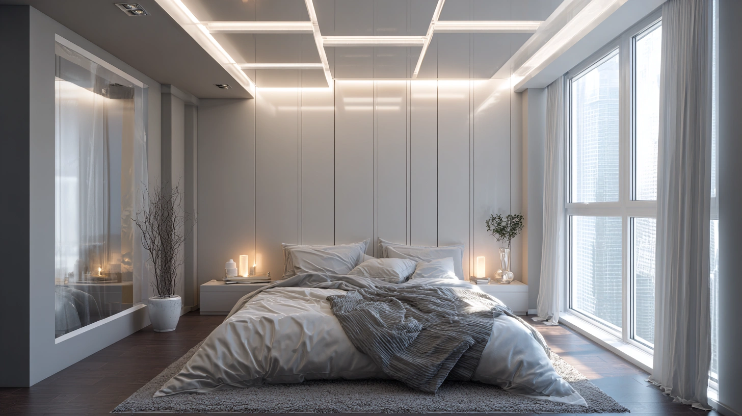 Sleek vertical grid PVC ceiling panels in modern bedroom