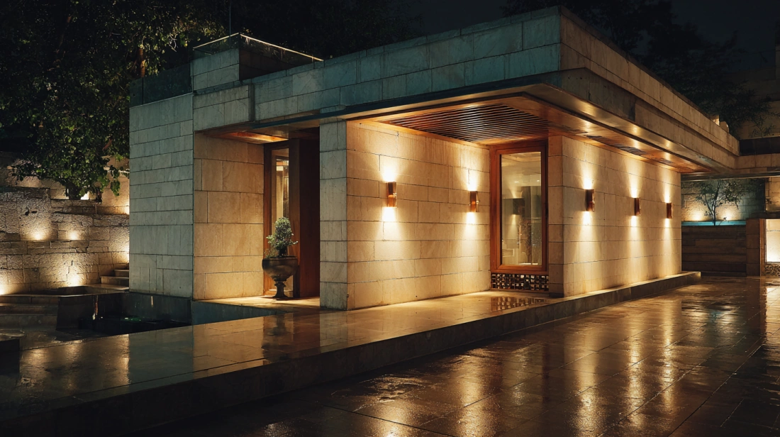 Modern wall lights highlighting textured terrace wall
