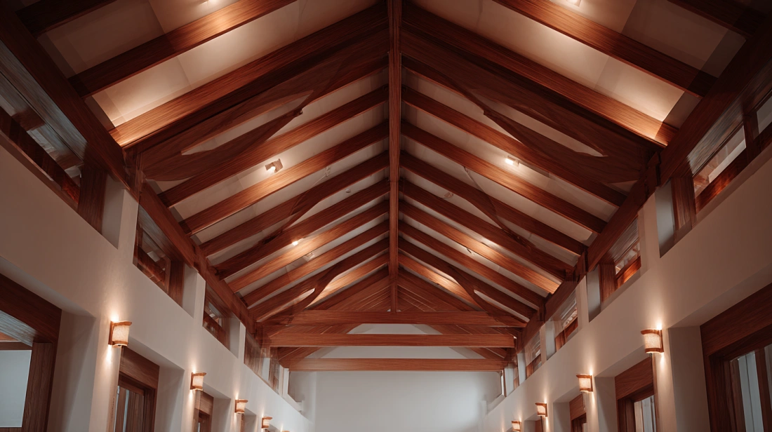 Gypsum false ceiling accented with parallel dark wood rafters