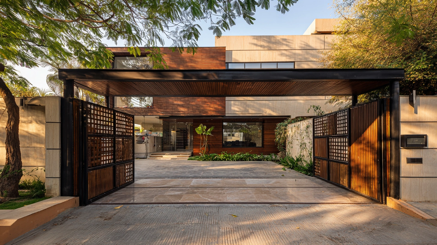 Large sliding driveway gate with a decorative curved top rail