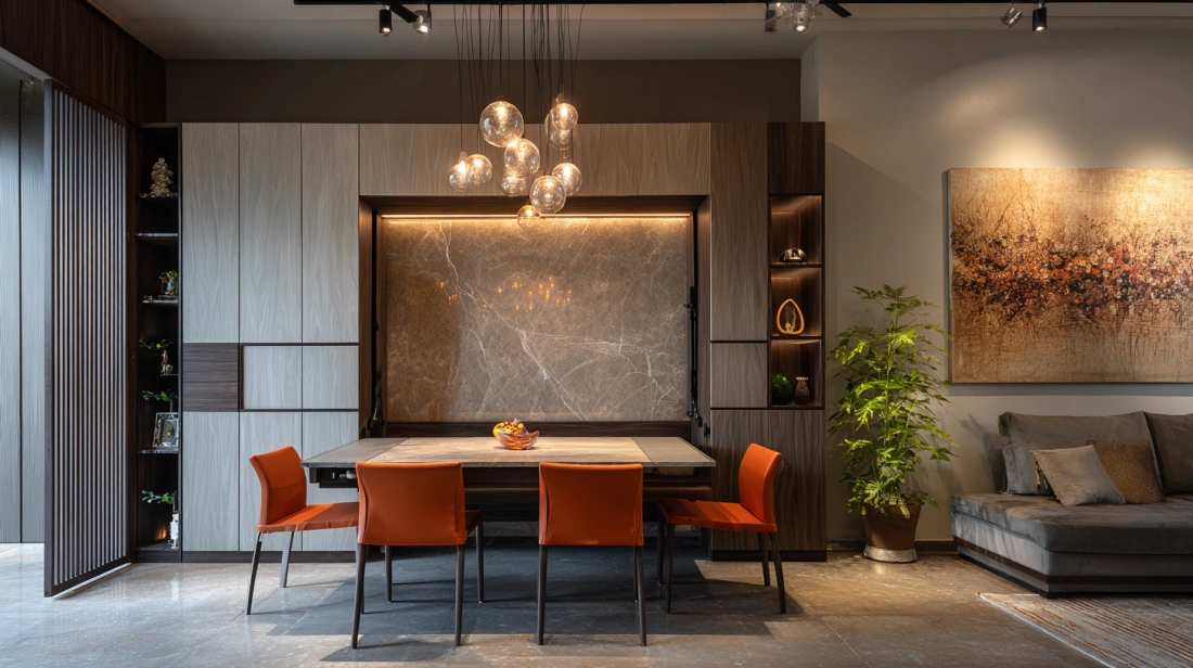 Sliding dining table pulled out from wall unit
