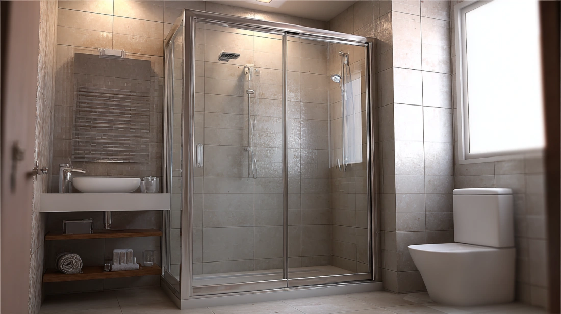 Space-saving horizontal sliding glass door for shower stalls