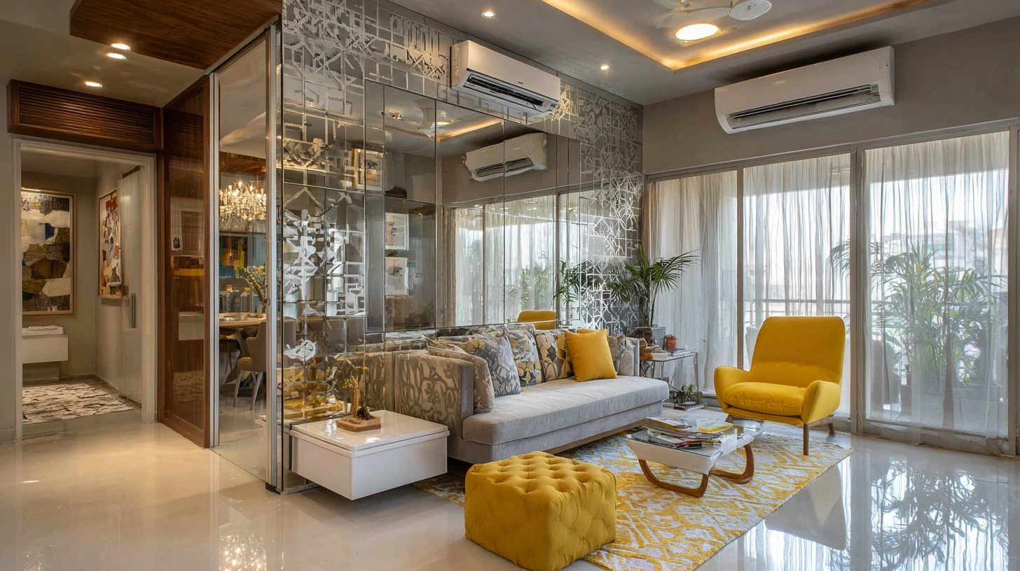 Sliding glass door with mirror panel enlarging small room