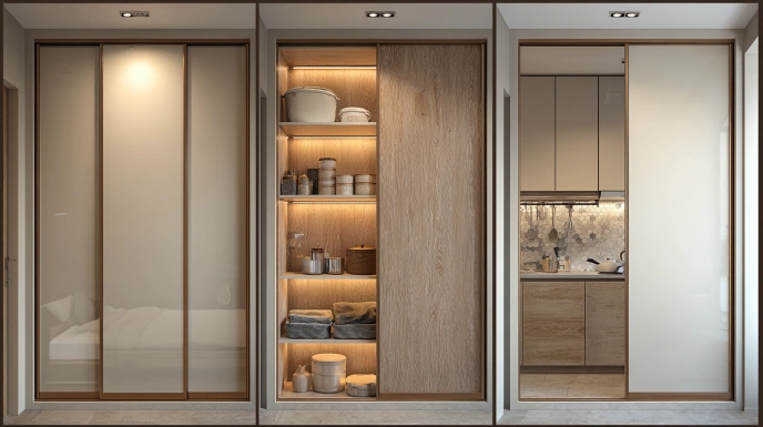 Sliding door designs ranging from budget-friendly laminates to premium glass and acrylic finishes.