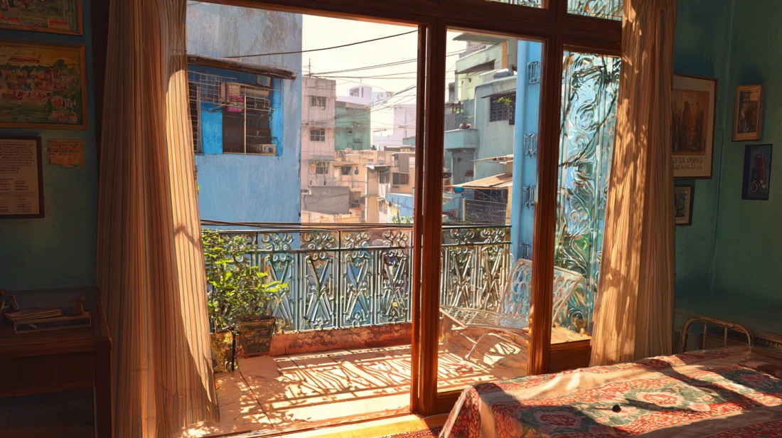 Sliding glass door opening to grill balcony in bedroom
