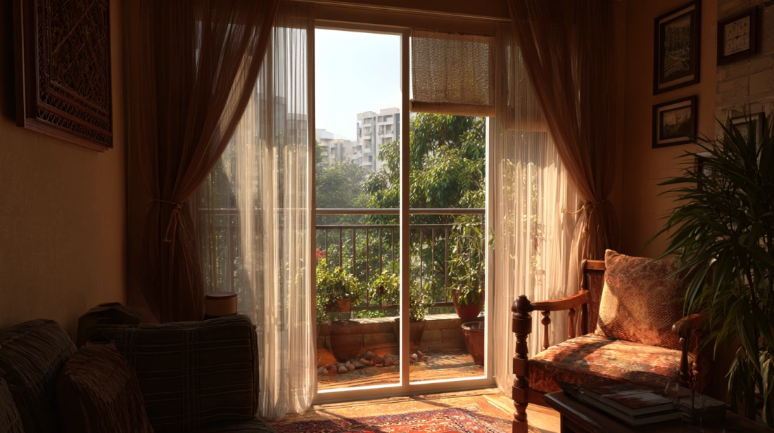 White frame sliding glass door opening to sunny balcony