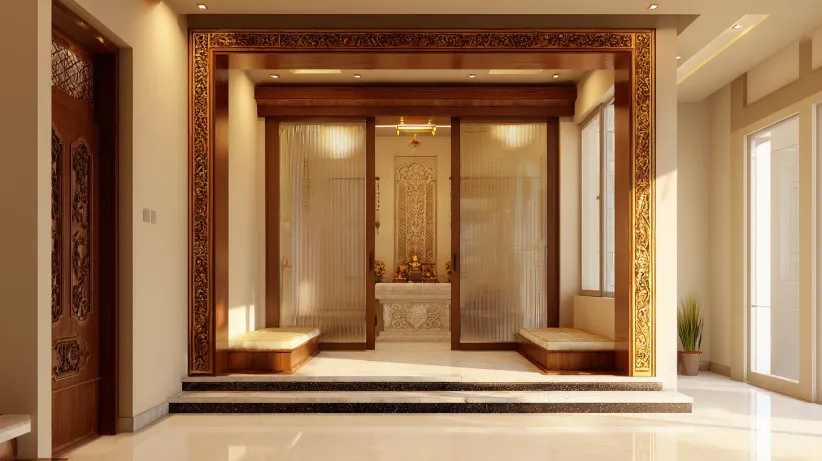 Carved wooden frame with fluted sliding glass doors for puja room