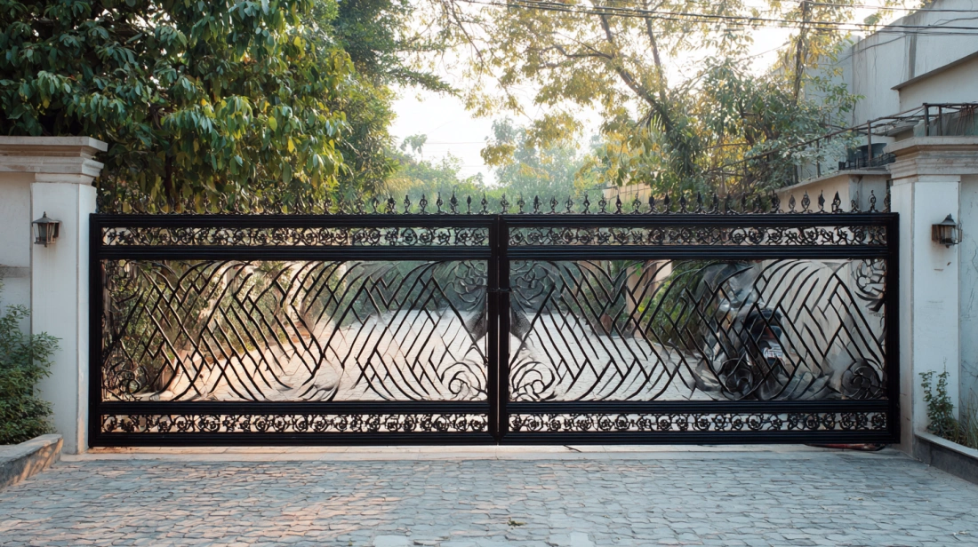 Large industrial sliding iron gate on a motorized track system