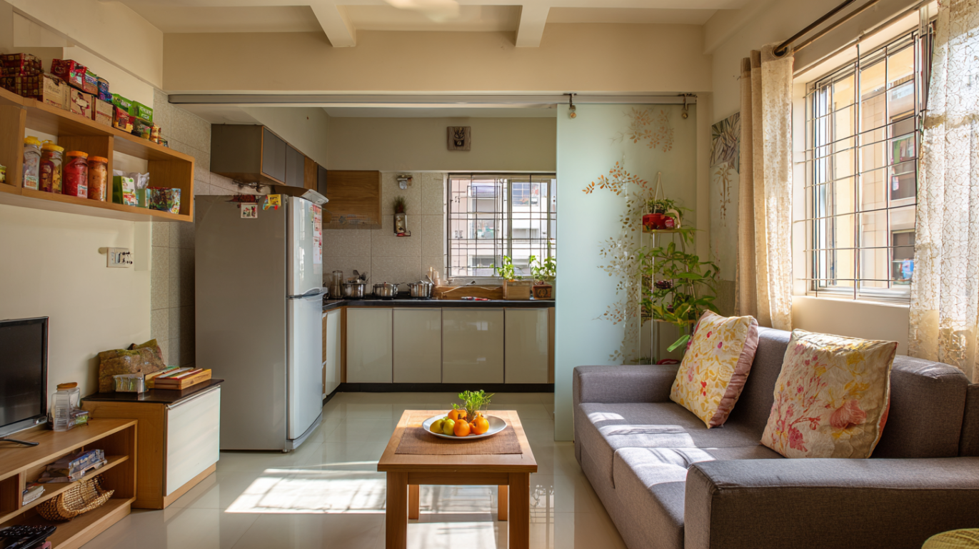 Sliding glass and wood kitchen partition door