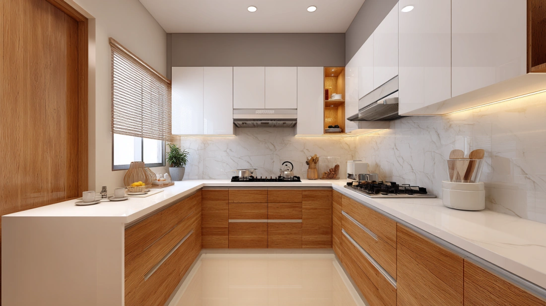 Sliding shutters in compact Indian modular kitchen layout