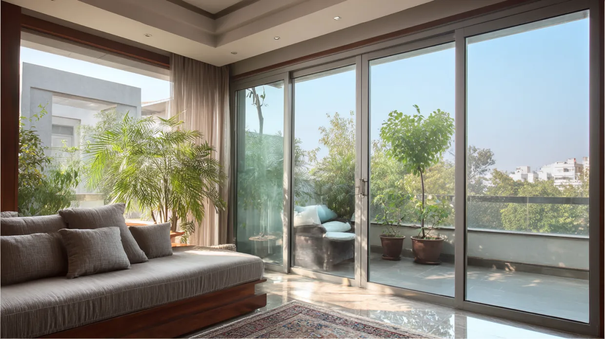 sleek sliding window with clear glass panels and slim frame