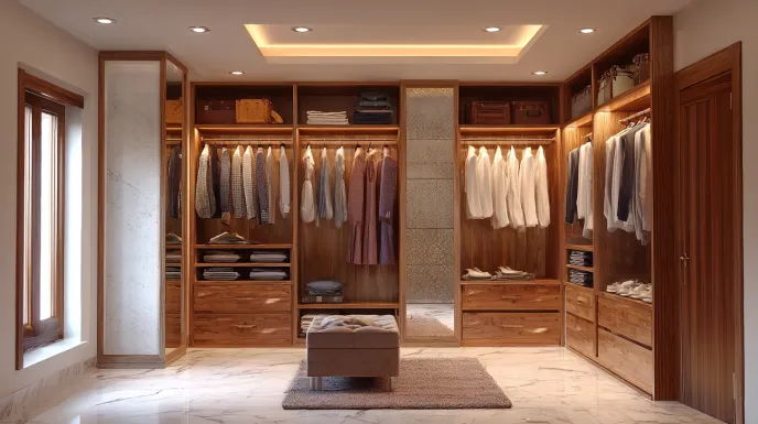 Sliding wardrobe design with wooden finish storage