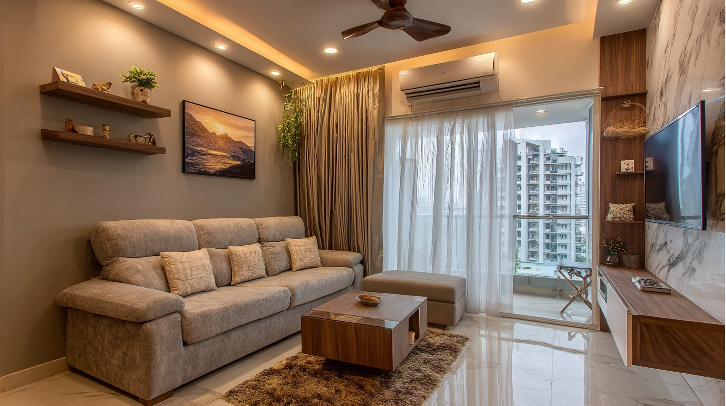Compact apartment living room with glossy tile flooring