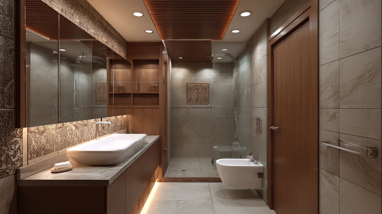 Compact bathroom with a glossy white PVC ceiling