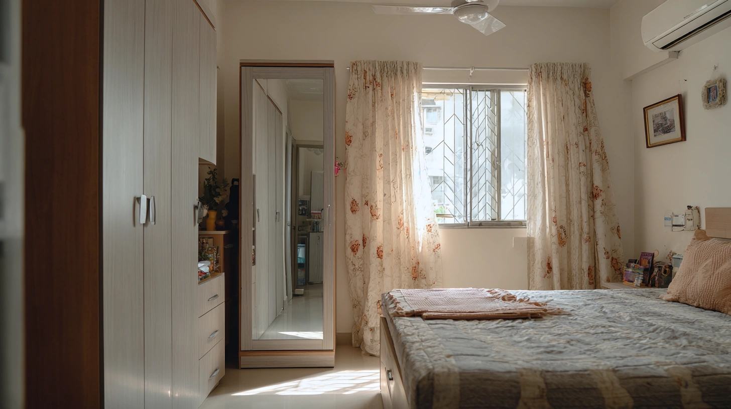 Compact bedroom wardrobe panel mounting a vertical mirror