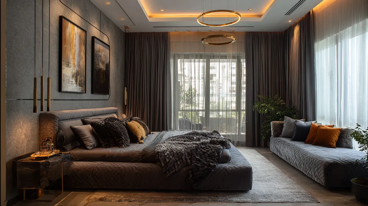 Small bedroom design with space-saving furniture and mirrors.