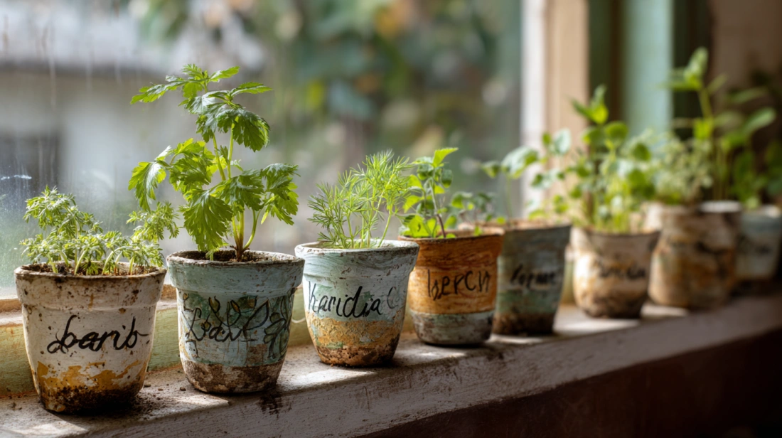 Small labelled pots with herbs on kitchen window sill