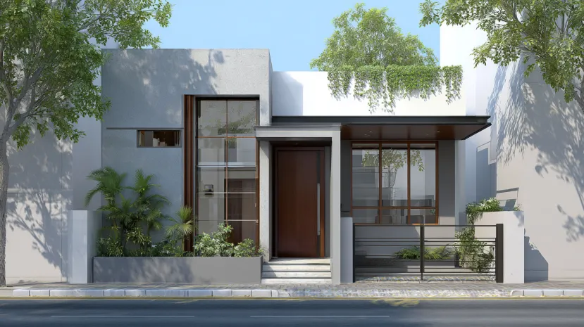 Modern 15x50 small house elevation with grey and white facade