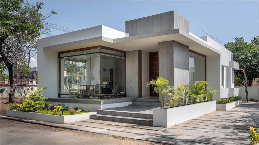 White small house design with a minimalist concrete porch.