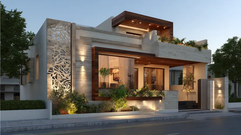 Luxury small house design with stone walls and lighting.