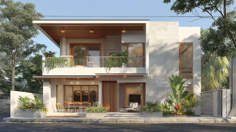 Two-story small house design with a wide wooden balcony.