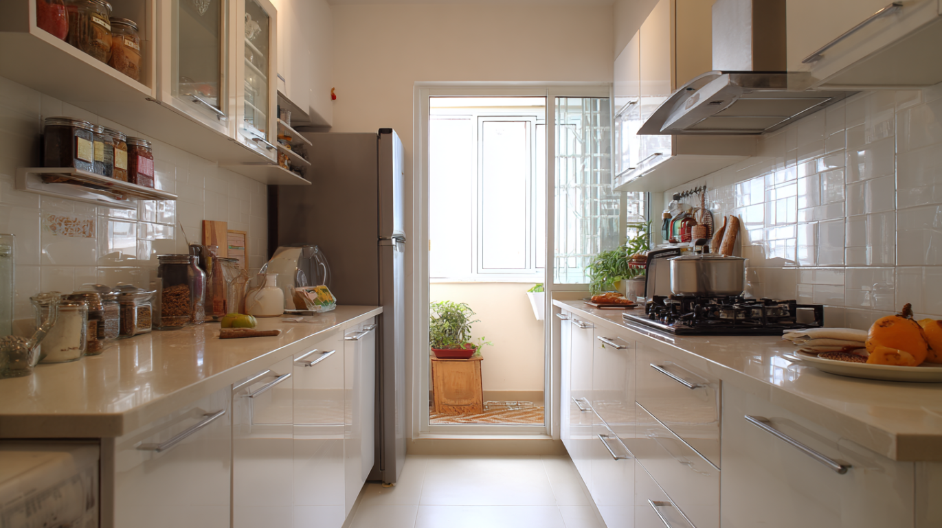 Compact parallel modular kitchen featuring light acrylic cabinets