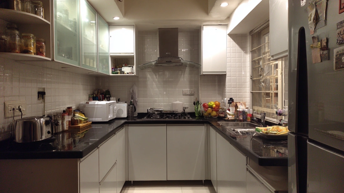 Simple drop beam perimeter framing small U-shaped kitchen