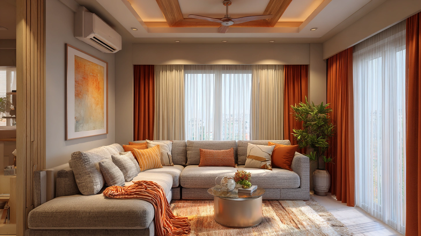 Grey sectional couch with bright orange curtains