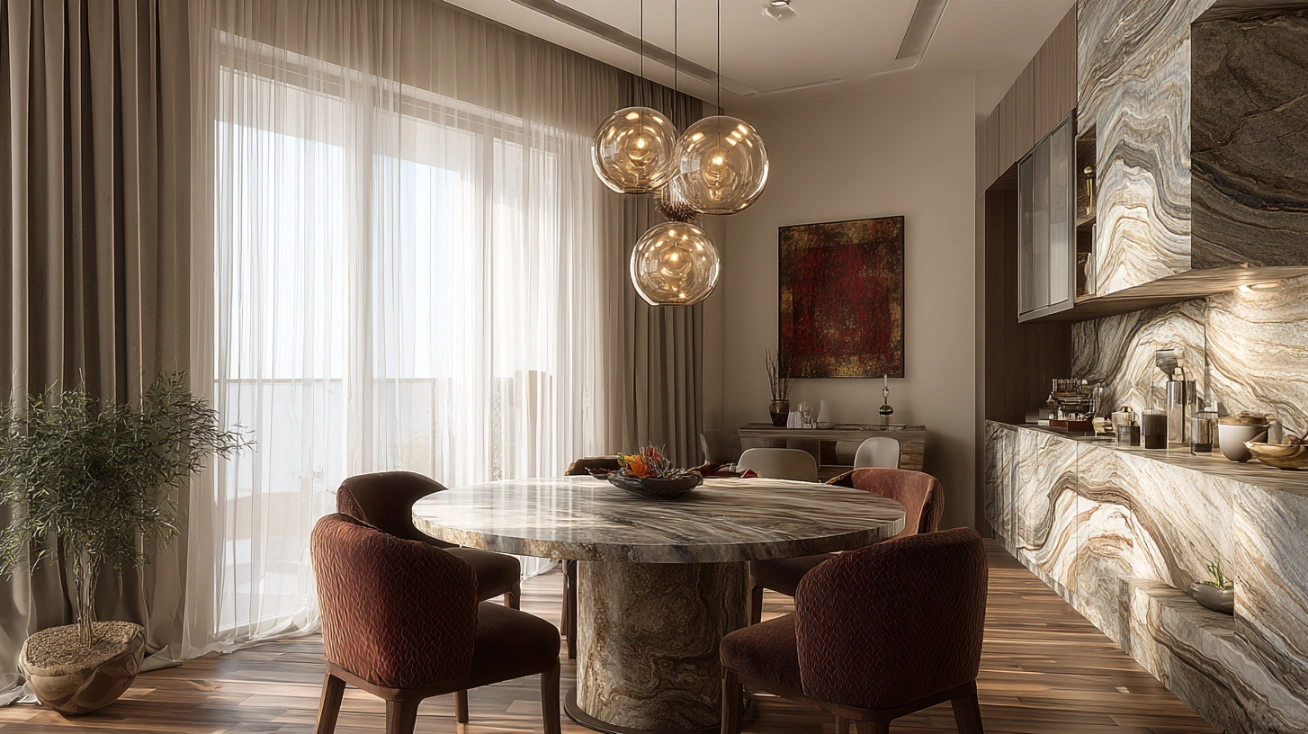 Small luxury dining room with round dining table and elegant décor.