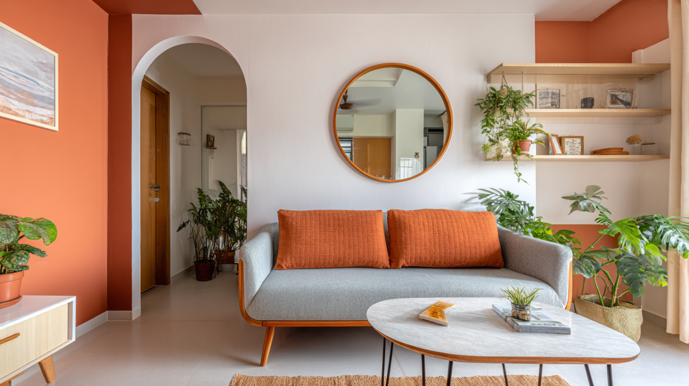 Compact mid-century living room with loveseat sofa