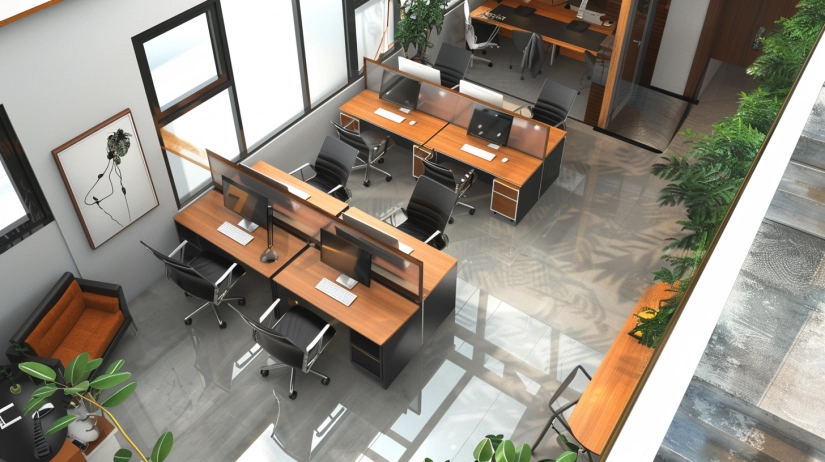 Top-down view of low-budget small office layout in India