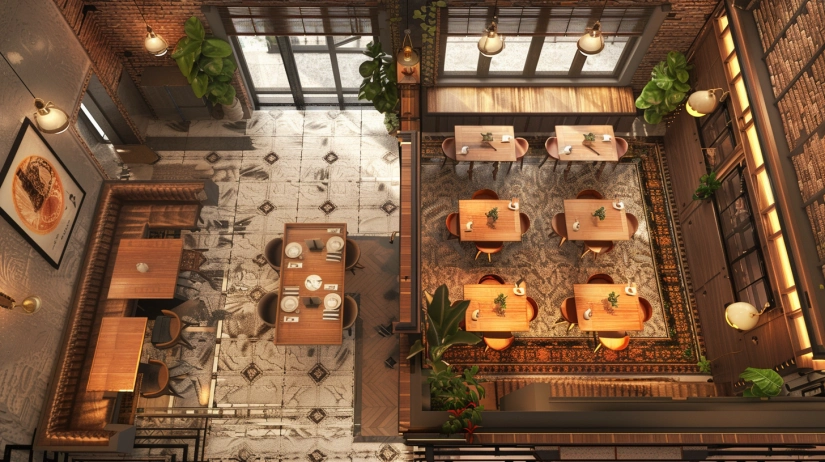 Top-down view of low-budget small restaurant layout India