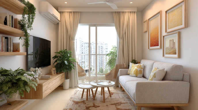 Small Scandinavian living room with storage