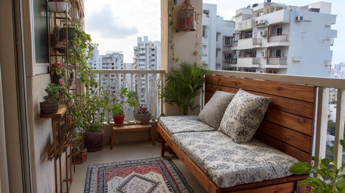 Small balcony sitout with plants and city view