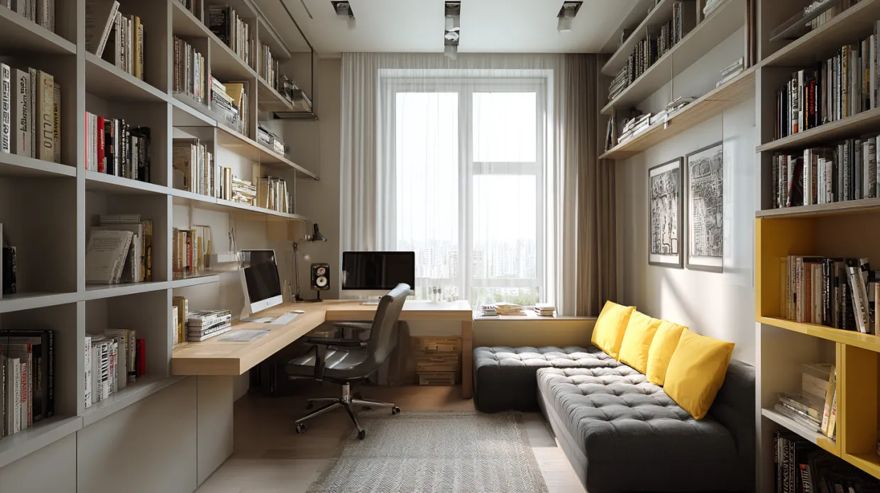 l-shaped desk with daybed in small home office