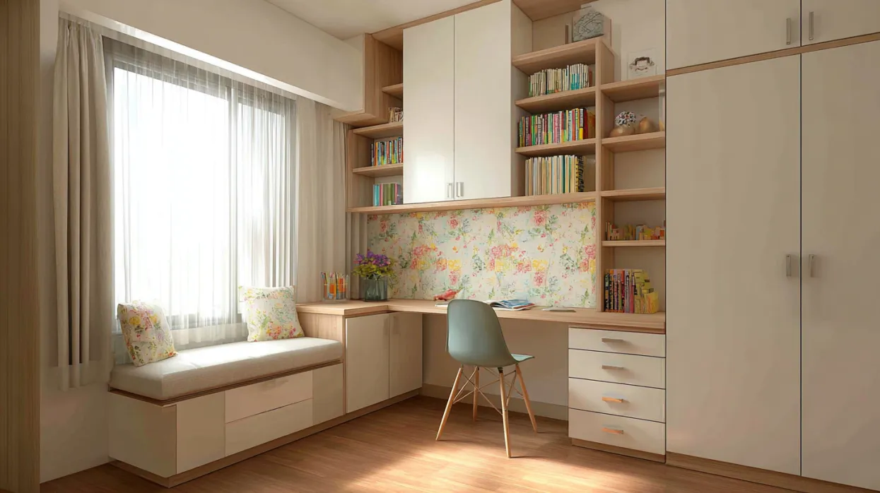small study room design with l-shaped table and storage for kids