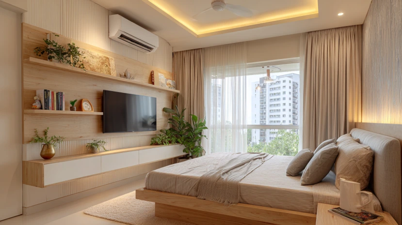 small tv panel design for bedroom with floating shelves