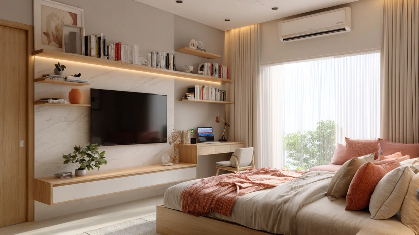 small tv panel design for bedroom with open shelf storage