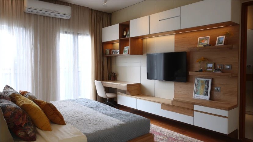 compact tv panel design for bedroom with smart storage