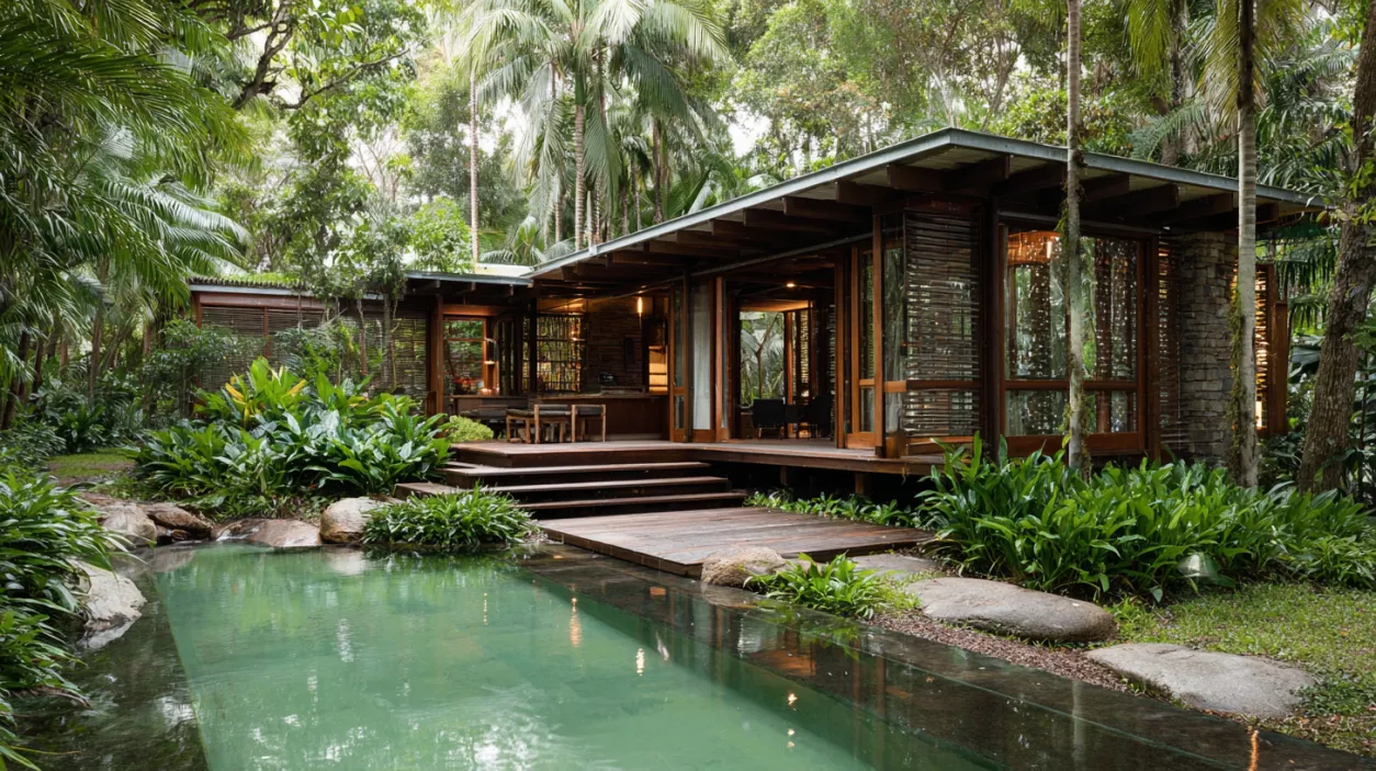 Small tropical house surrounded by lush plants and pond