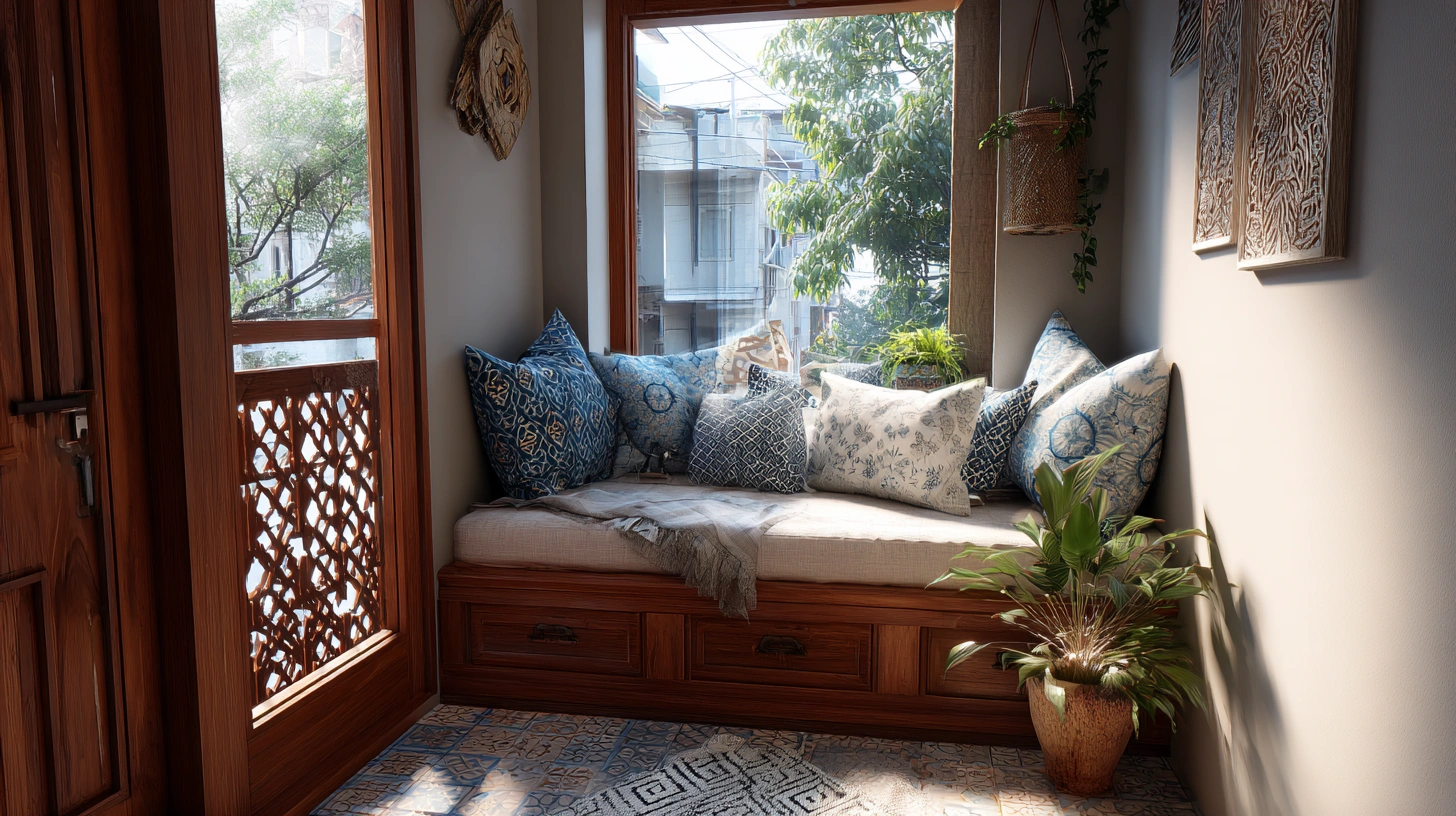 Tiny window seat beside glass balcony door in bedroom
