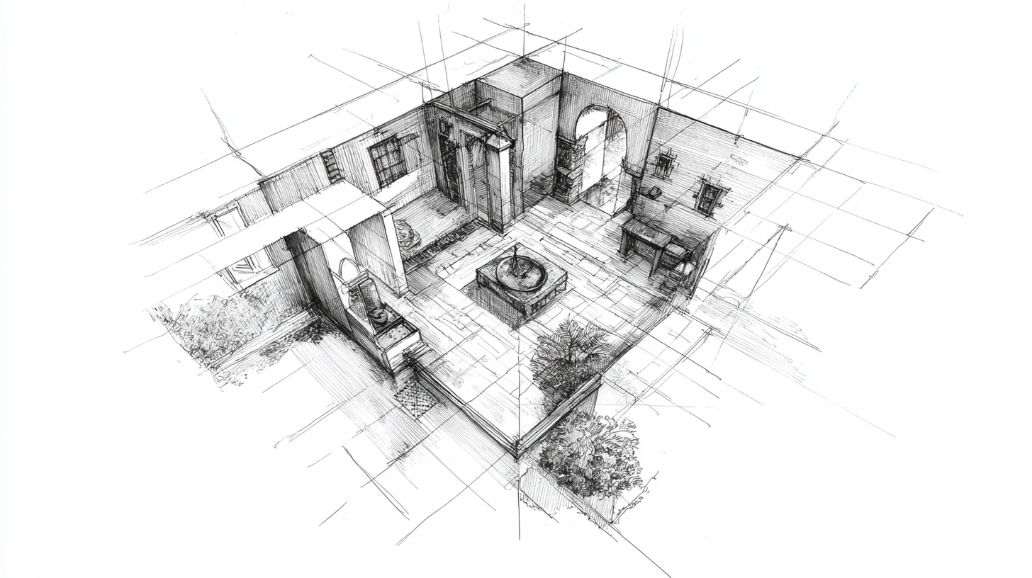 Compact storeroom layout next to a kitchen plan